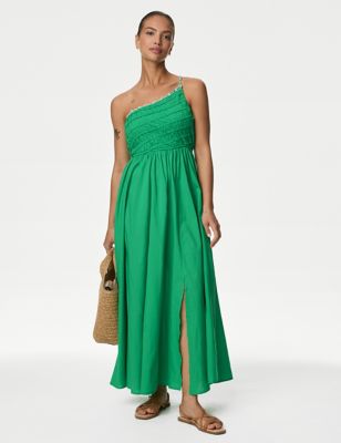 M&S Women's Pure Cotton Beaded Midaxi Beach Dress - 16 - Medium Green, Medium Green
