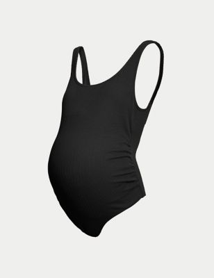 M&S Womens Maternity Padded Ruched Scoop Neck Swimsuit - 16 - Black, Black,Flame