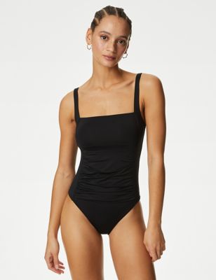 M&S Women's Tummy Control Padded Square Neck Swimsuit - 8 - Black, Black