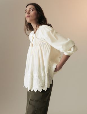 Per Una Womens Cotton Rich Lace Detail Blouse - 24 - Ecru, Ecru