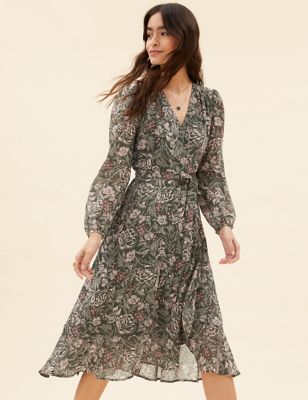 M&S Per Una Womens Floral V-Neck Midaxi Wrap Dress