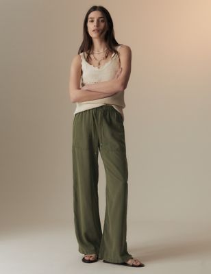 Per Una Women's Linen Blend Elasticated Waist Trousers - 16LNG - Hunter Green, Hunter Green