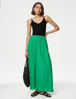 M&S Women's Pure Cotton Crinkle Midaxi Skirt - 16REG - Black, Black