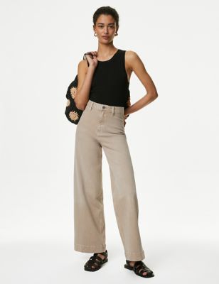M&S Women's Wide Leg Ankle Grazer Jeans - 12REG - Neutral, Neutral,Medium Indigo