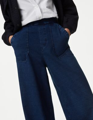 M&S Womens Denim Elasticated Waist Wide Leg Trousers - 20LNG - Medium Indigo, Medium Indigo
