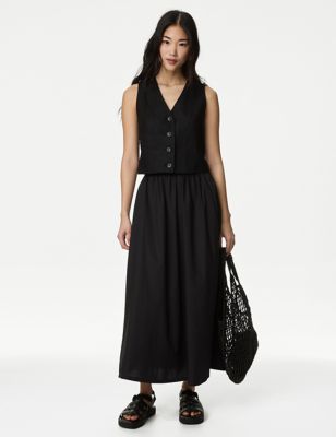 M&S Womens Pure Cotton Midi Skirt - 12LNG - Black, Black,White