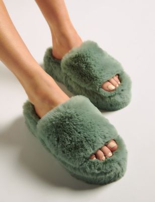 Boux Avenue Women's Faux Fur Platform Slider Slippers - 5-6 - Green, Green