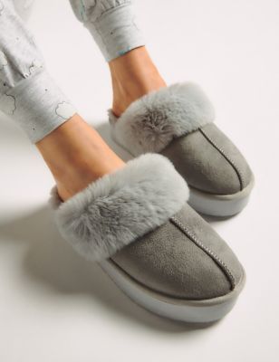 Boux Avenue Womens Faux Fur Platform Mule Slippers - 5-6 - Grey, Grey