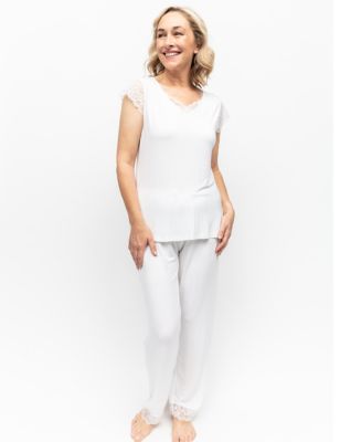 Cyberjammies Womens Jersey Modal Ribbed Lace Cropped Pyjama Set - 8 - White, White