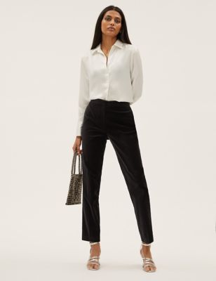 M&S Womens Velvet Slim Fit Ankle Grazer Trousers - 12SHT - Black, Black,Navy