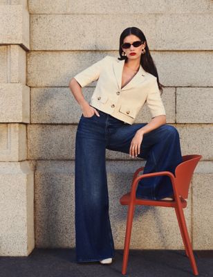 M&S Womens Linen Blend Short Sleeve Cropped Blazer - 10 - Neutral, Neutral