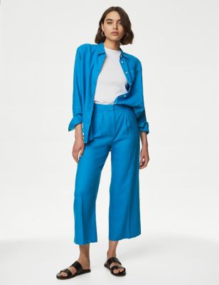 M&S Womens Linen Rich Wide Leg Cropped Trousers - 12REG - Bright Blue, Bright Blue