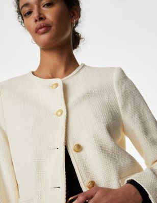 M&S Womens Pure Cotton Tweed Collarless Short Jacket - 24 - Dark Navy, Dark Navy,Ivory
