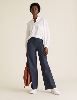 M&S Womens Denim Wide Leg Trousers With Stretch