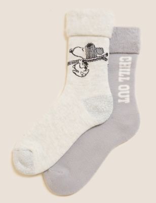 M&S Womens 2pk Snoopy  Cosy Ankle High Socks