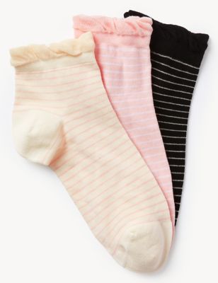 M&S Womens 3pk Cotton Rich Striped Anklets - Cream Mix, Cream Mix