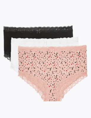 M&S Womens 3pk Cotton Rich & Lace High Rise Shorts - 26 - Pink Mix, Pink Mix