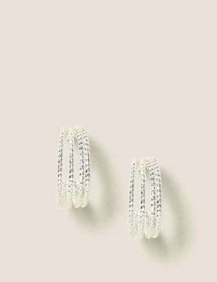 M&S Womens Silver Tone Textured Multi Row Hoop Earrings  Silver