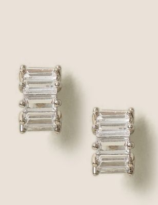 M&S Womens Platinum Plated Baguette Drop Earrings
