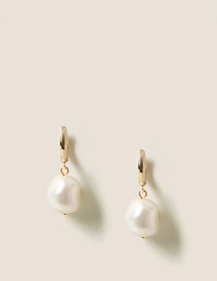 M&S Womens 14ct Gold Plated Pearl Drop Hoops