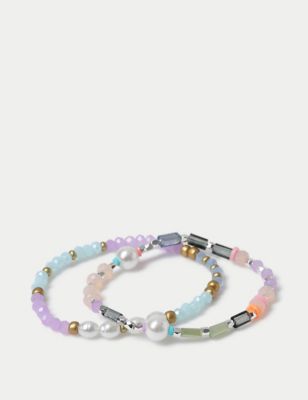 M&S Women's 2 Pack Silver Tone Beaded Bracelets - Multi, Multi