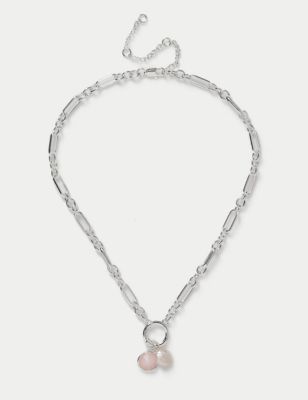 M&S Womens Silver Plated Pearl and Rose Quartz Necklace, Silver