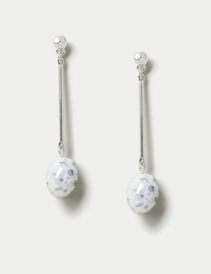 M&S Womens Silver Tone Marble Drop Bead Earrings - White, White