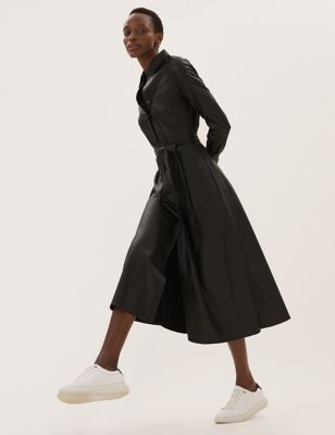 M&S Womens Faux Leather Belted Midi Shirt Dress