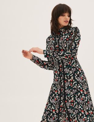 M&S Womens Floral Lace Insert Midi Shirt Dress