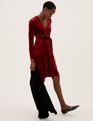 M&S Womens Velvet V-Neck Knee Length Wrap Dress