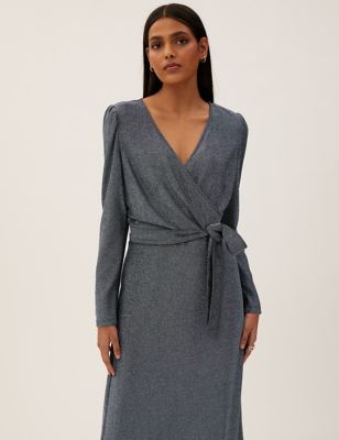 M&S Womens Sparkly V-Neck Belted Midi Wrap Dress