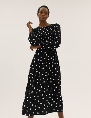 M&S Womens Polka Dot Shirred Midi Smock Dress
