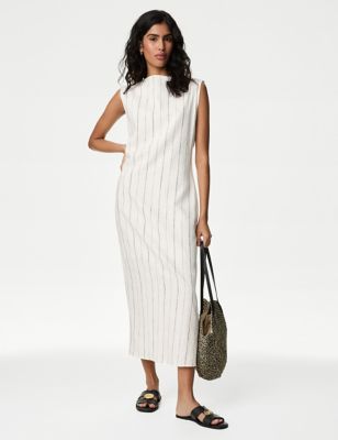 M&S Women's Linen Blend Striped Midaxi Bodycon Dress - 18PET - Ivory Mix, Ivory Mix