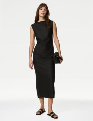 M&S Womens Linen Rich Ruched Midaxi Bodycon Dress - 8LNG - Neutral, Neutral,Black