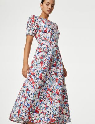 M&S Womens Pure Cotton Floral Cutwork Detail Midi Tea Dress - 12PET - Multi, Multi,Blue Mix