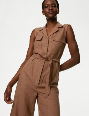 M&S Womens Linen Blend Belted Utility Jumpsuit - 10PET - Natural, Natural