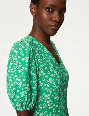 M&S Womens Floral V-Neck Midi Tea Dress - 8PET - Green Mix, Green Mix