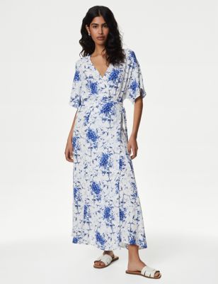 M&S Womens Floral V-Neck Tie Waist Maxi Wrap Dress - 8PET - Blue Mix, Blue Mix