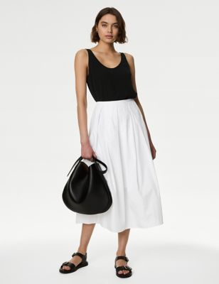 M&S Womens Pure Cotton Box Pleat Midaxi A-Line Skirt - 6REG - Soft White, Soft White