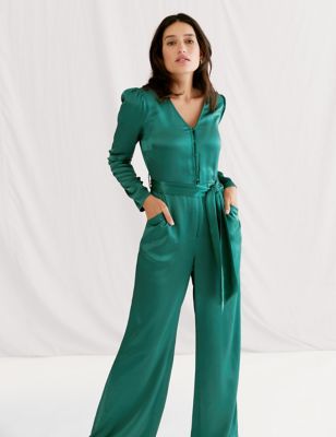 M&S X Ghost Womens Satin Belted Wide Leg Jumpsuit