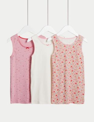 M&S Girls 3pk Pure Cotton Floral Vests (2-14 Yrs) - 4-5 Y - Pink Mix, Pink Mix
