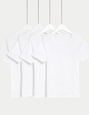 M&S Boy's 4pk Pure Cotton Short Sleeve Vests (2-14 Yrs) - 6-7 Y - White, White