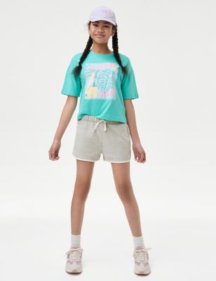 M&S Girl's Pure Cotton Elasticated Waist Shorts (6-16 Yrs) - 14-15 - Blue, Blue,Pink,Grey,Black