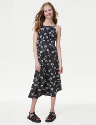 M&S Girls Palm Print Tiered Dress (6-16 Yrs) - 6-7 Y - Charcoal, Charcoal