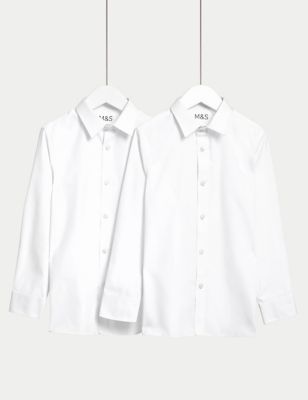 M&S Boys 2-Pack' Skinny Fit Stretch School Shirts (2-16 Yrs) - 8-9 Y - White, White