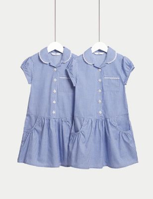 M&S Girls 2-Pack Cotton Plus Fit School Dresses (4-14 Yrs) - 9-10Y - Red, Red,Mid Blue