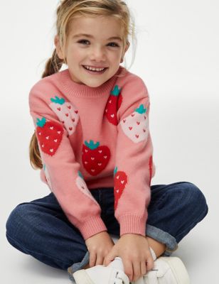 M&S Girls Knitted Strawberry Jumper (2-8 Yrs) - 4-5 Y - Pink Mix, Pink Mix
