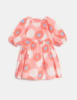 M&S Girls Pure Cotton Floral Dress (2-8 Yrs) - 2-3 Y - Pink Mix, Pink Mix
