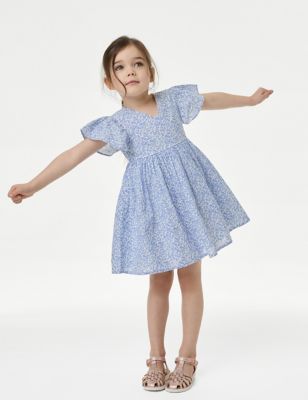 M&S Girls Pure Cotton Wrap Dress (2-8 Yrs) - 3-4 Y - Red Mix, Red Mix,Blue Mix