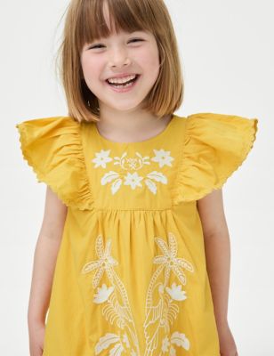 M&S Girls Pure Cotton Embroidered Dress (2-8 Yrs) - 2-3 Y - Ivory, Ivory,Yellow